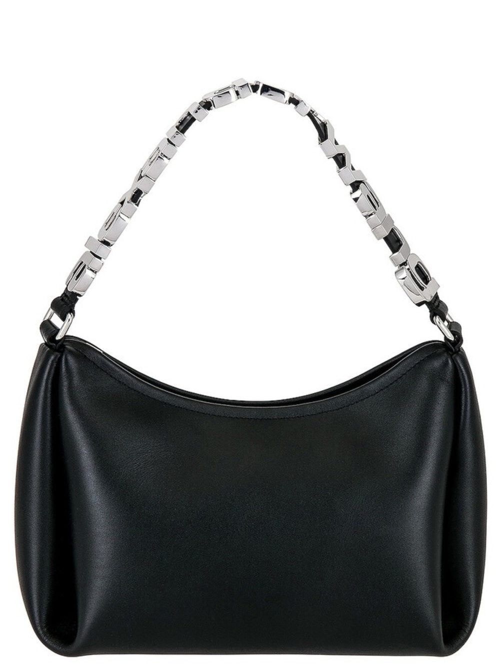 Black Leather Shoulder Bag with Silver Chain Handle